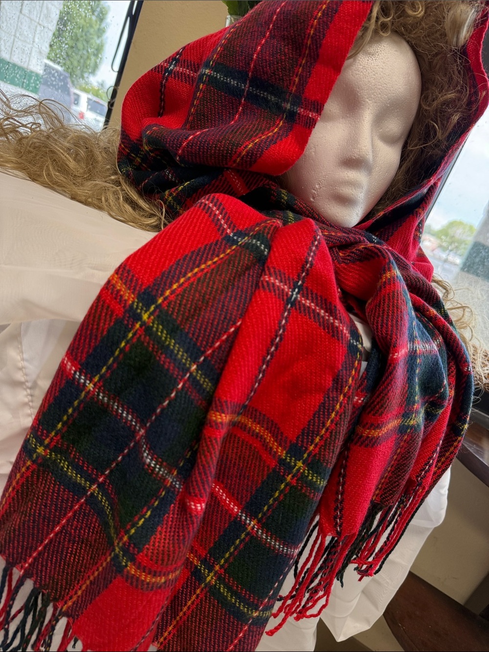 Large Red Plaid Hooded Scarf - Cozy Tartan Winter Wrap classic, warm & festive